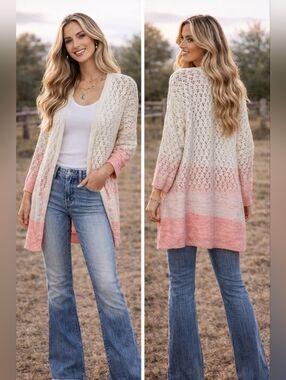 ANTHROPOLOGIE Faustia Dip Dyed Ombre Cardigan Sweater Womens Medium White Pink